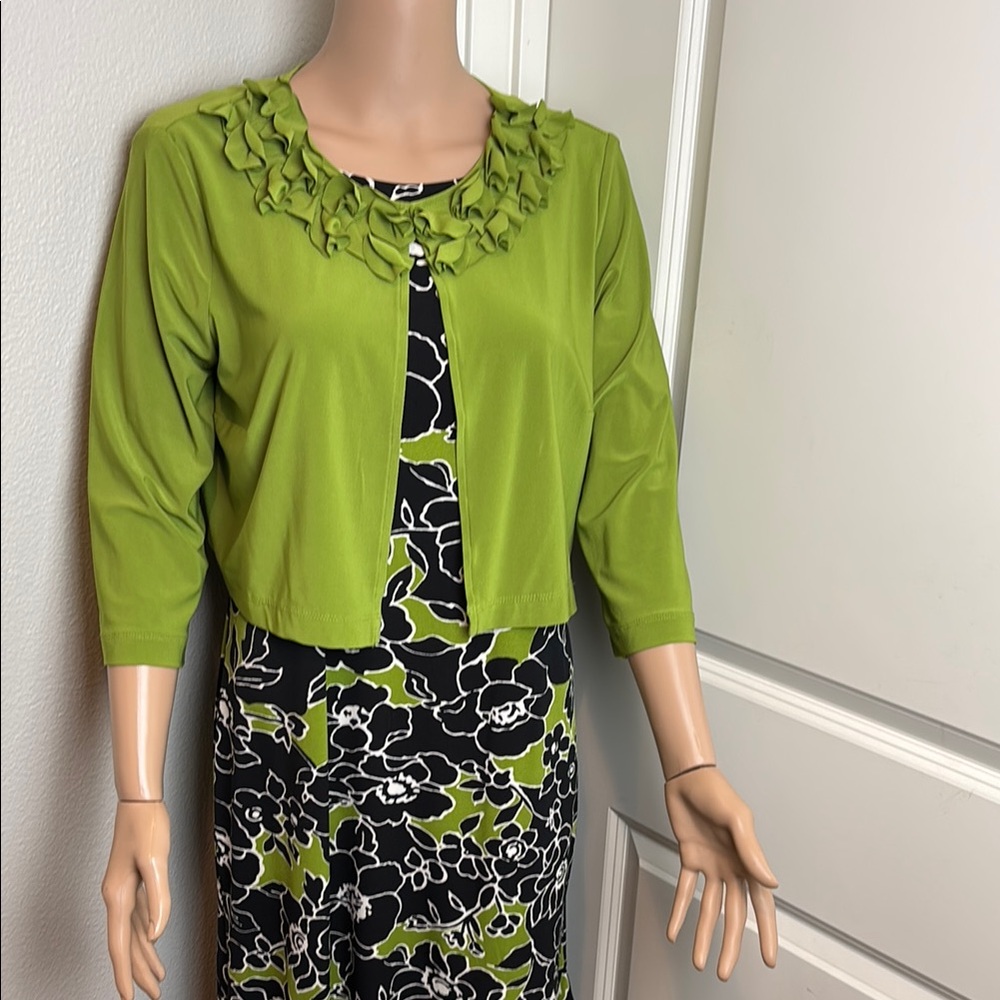 Decorative Green Cropped Cardigan with Black White Green Floral Dress